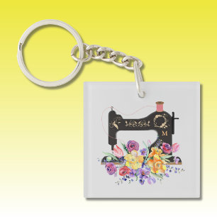 Blommigt Vintage Sywing Maskin Monogram Keychain