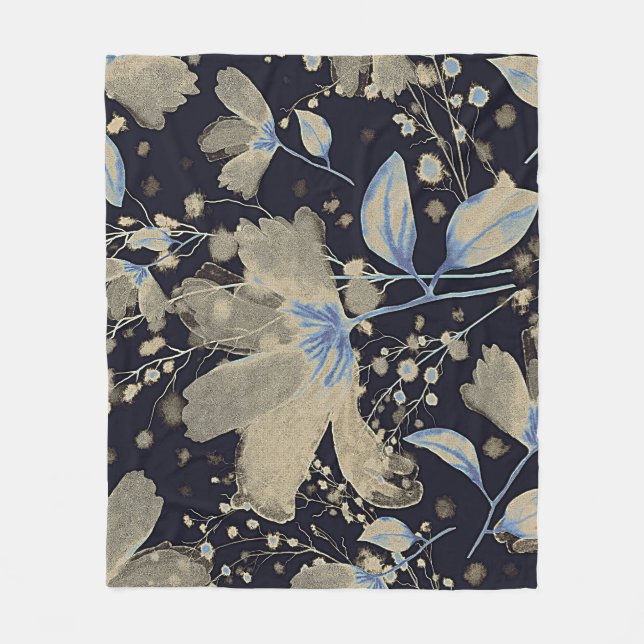Blommigt Vintage Vattenfärg: Svart bakgrund Fleecefilt (Framsidan)