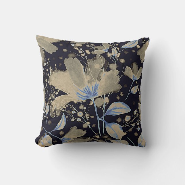 Blommigt Vintage Vattenfärg: Svart bakgrund Kudde (Framsida)