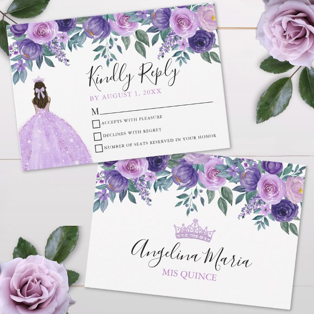 Blommigt Violet Lila Quinceanera OSA kort (Floral Violet Purple Quinceanera RSVP Card)