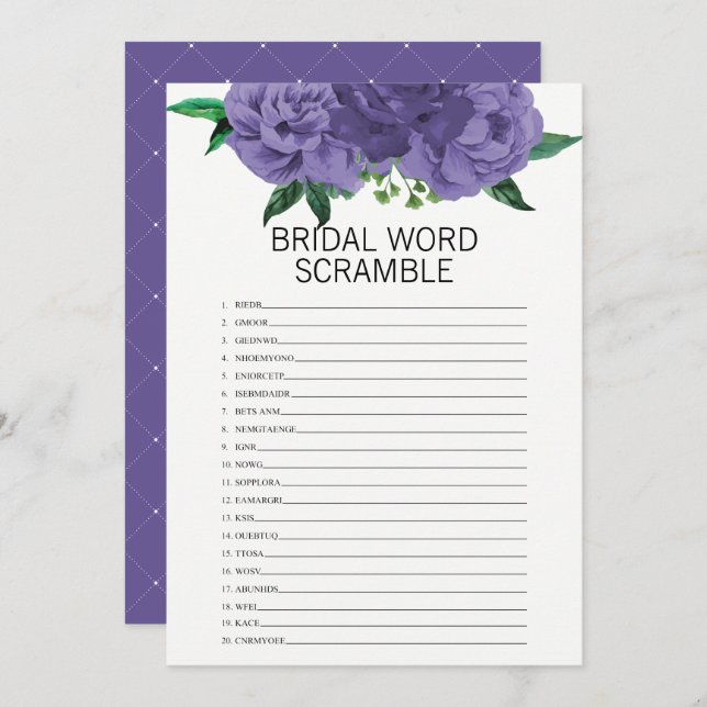 Blommigt Violet Möhippa Ord Scramble Game Inbjudningar (Fram/baksida)