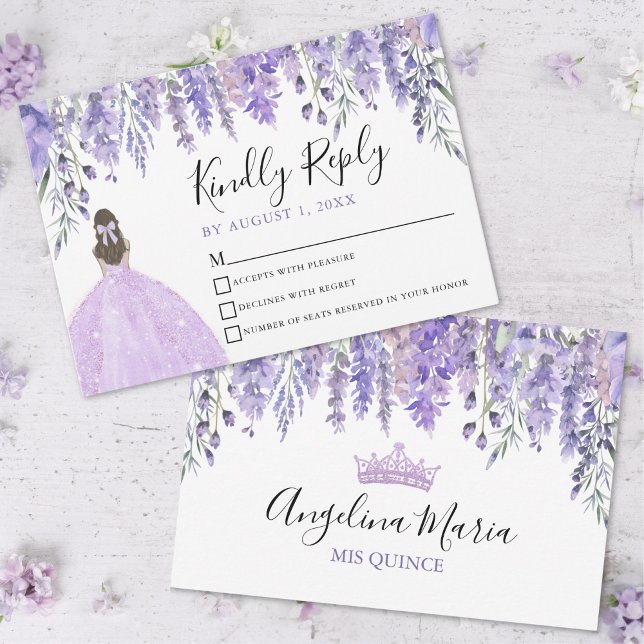 Blommigt Violet Tiara Lila Quinceanera OSA kort (Floral Violet Tiara Purple Quinceanera RSVP Card)