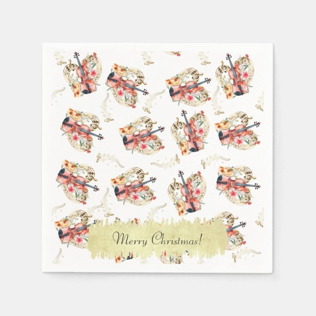 Blommigt Violins Guld Musik noter Helgdag jul Pappersservett (Framsidan)