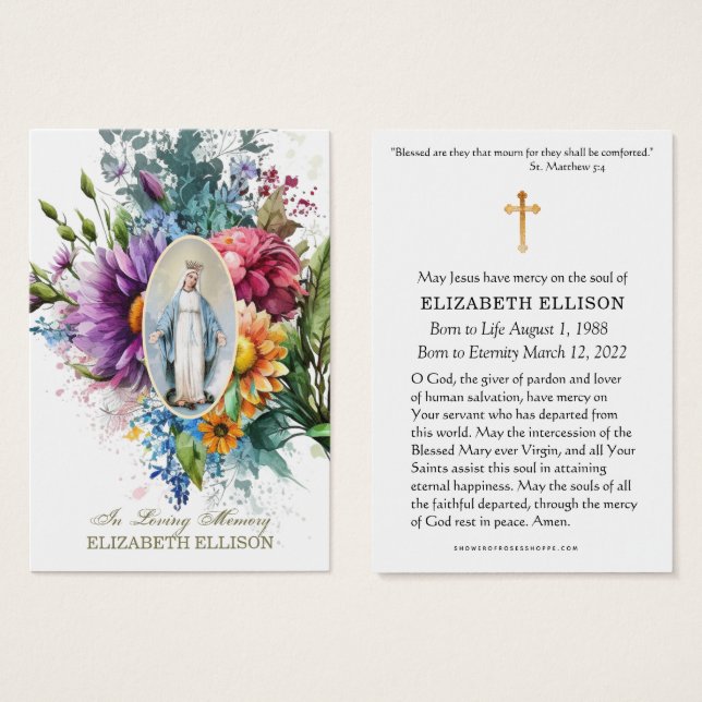 Blommigt Virgin Mary Blommigt Funeral Prayer Card Visitkort (Framsida & baksida)