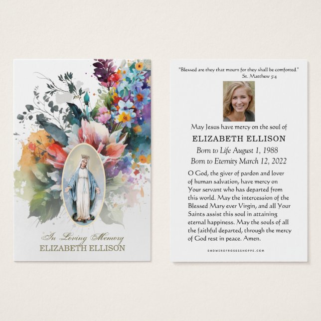 Blommigt Virgin Mary Fatima Funeral Prayer Card Visitkort (Framsida & baksida)