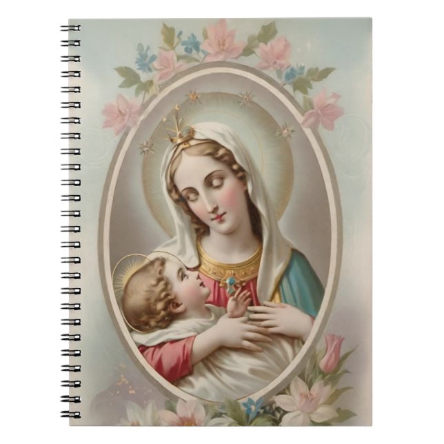 Blommigt Virgin Mary med Jesus barnbok Anteckningsbok (Framsidan)
