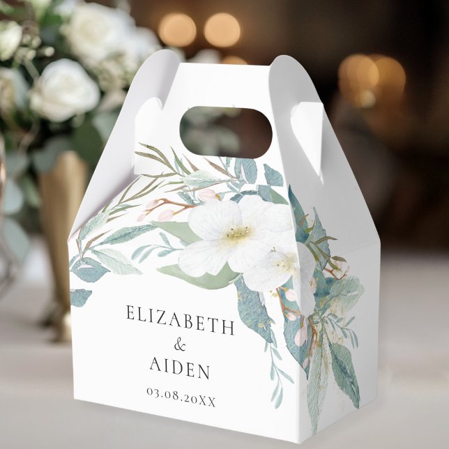 Blommigt, vit, Bröllop-box Presentaskar (Floral, White, Greenery, Wedding Box gift box with your name and date.)
