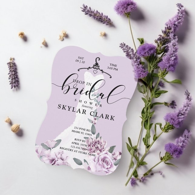 Blommigt Vit Bröllop Dress Drop in Möhippa Inbjudningar (Florals White Wedding Dress Drop In Bridal Shower Invitation)