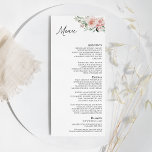 Blommigt Vit Bröllop-plattmeny Meny<br><div class="desc">Den här blommigten med vit platt bröllop-meny har en fin baksida av svart eller vit neutralt i chic med enkel modern typografi och kalligrafi i elegant för att ange en sofistikerad ton för vilken stil som helst av evenemanget. Varje produkt är förskönad med vackra rosa ros och persiko- och elfenbenshydrangeer...</div>