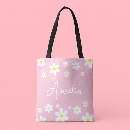 Blommigt Vit Daisy Rosa Tote Bag Tygkasse