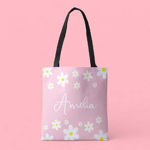 Blommigt Vit Daisy Rosa Tote Bag Tygkasse