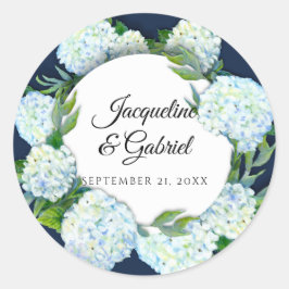 Blommigt Vit Hydrangea Foliage Damask Wedding Runt Klistermärke
