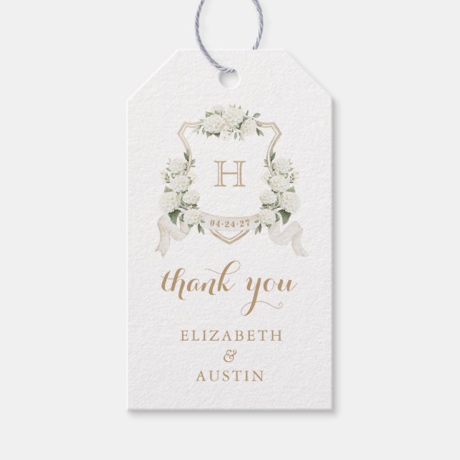 Blommigt Vit Hydrangea Vapensköld Bröllop Tack Presentetikett (Framsidan)