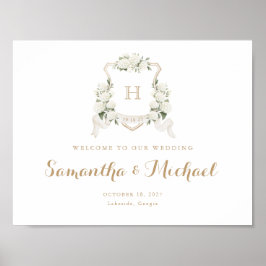 Blommigt Vit Hydrangea Vapensköld Monogram Välkoms Poster