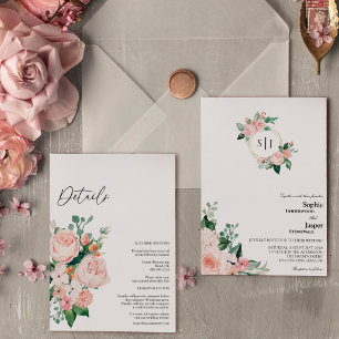 Blommigt, vit monogram allt på ena Bröllop Inbjudningar