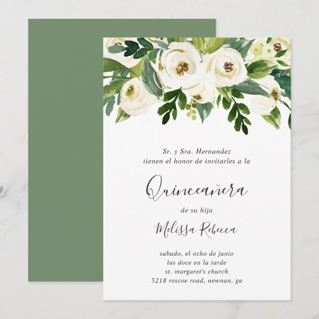 Blommigt Vit ros Greenery Elegant Quinceañera Inbjudningar (Fram/baksida)