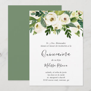 Blommigt Vit ros Greenery Elegant Quinceañera Inbjudningar