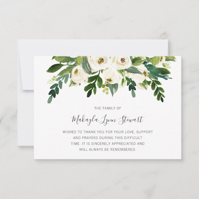 Blommigt Vit ros Greenery Funeral Sympathy Tack Kort (Framsida)