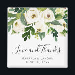 Blommigt Vit ros Greenery Wedding Favor Magnet<br><div class="desc">Elegant blommigt bröllopsmagnet med handmålad vattenfärg vit ros och grönt tillsammans med "Kärlek och tack" i ett vackert handskript och ditt namn och datum nedan. De här blommigtarna är perfekter för ett trädgårdsbröllop på sommaren och gör underbara bröllopsfavörer som gästerna vill behålla.</div>