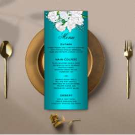 Blommigt Vit ros och Metallic Aqua Bröllop Menu Meny