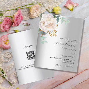 Blommigt vit silver greenery QR-kod OSA bröllop Inbjudningar