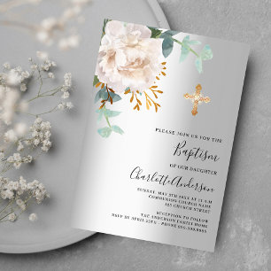 Blommigt vit silver-grönare kor-baptism inbjudningar