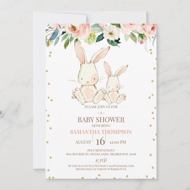  Blommigt Vita Bunnies Flickor Baby Shower Inbjudningar (Framsida)