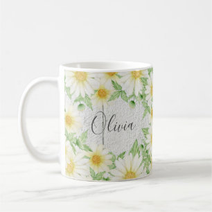 Blommigt Vita Daisy Namn Vattenfärg Kaffemugg