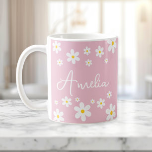 Blommigt Vita Daisyn Rosa Personlig mugg