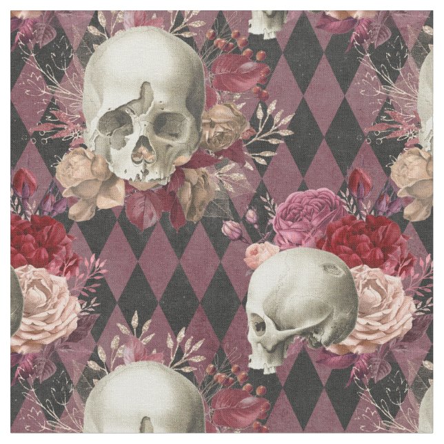 Blommigt Vita Döskallar och Mörk Rosa Kontrollerad Tyg (Närbild)