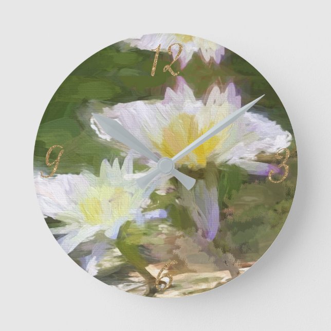 Blommigt Vita Vatten Lilies akrylväggsklocka Rund Klocka (Framsida)