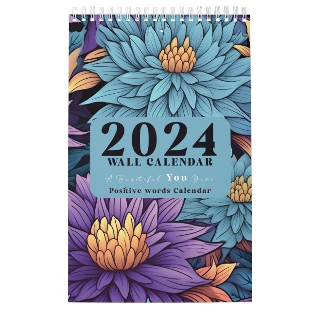Blommigt Wall Calendar 2024 med positivt ord Kalender (Omslag)