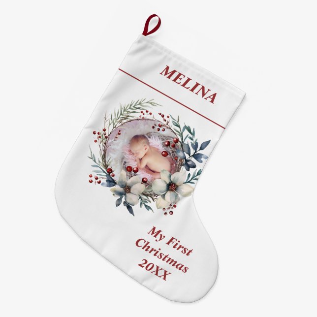 Blommigt WAN Baby Första julfoto Stor Julstrumpa (Framsidan (Hängande))