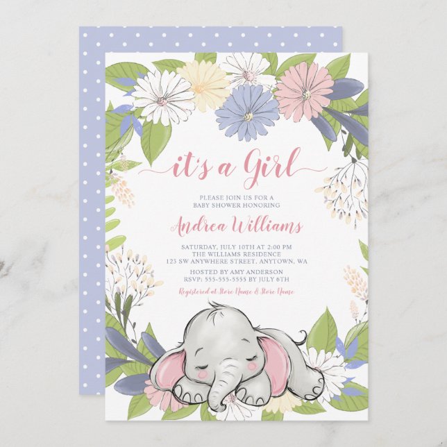 Blommigt WAN Elephant Girl Baby Shower Inbjudningar (Fram/baksida)