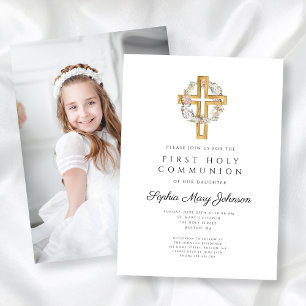 Blommigt WAN Kor Photo Girl First Communion Inbjudningar