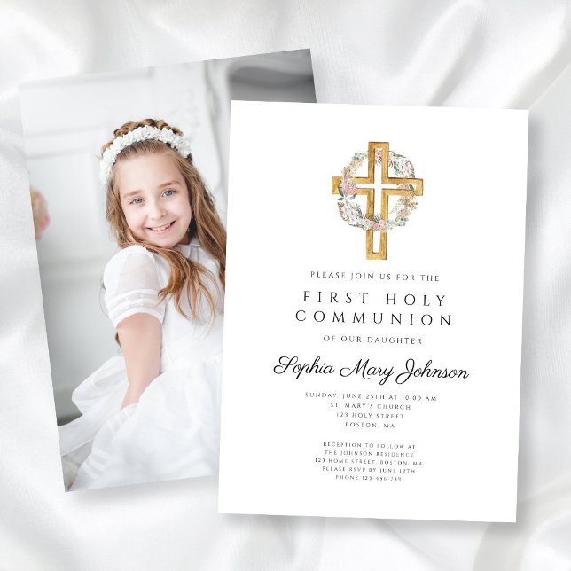 Blommigt WAN Kor Photo Girl First Communion Inbjudningar (Floral Wreath Cross Photo Girl First Communion Invitation)