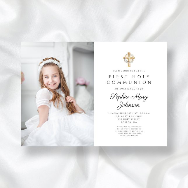 Blommigt WAN Kor Photo Girl First Communion Inbjudningar (Floral Wreath Cross Photo Girl First Communion Invitation)