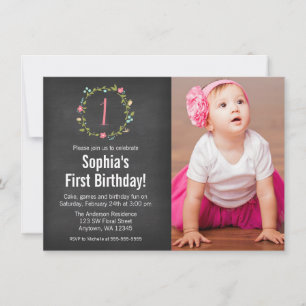 Blommigt Wandeand Chalkboard Photo Girl 1 Birthday Inbjudningar