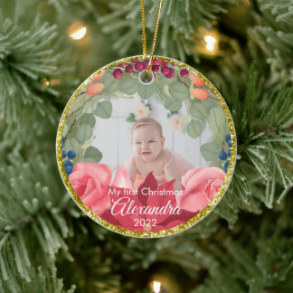 Blommigt Wandefaux guld glitter poinsettia ro Julgransprydnad Keramik