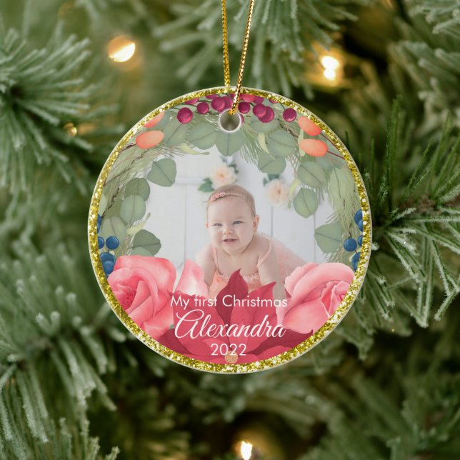 Blommigt Wandefaux guld glitter poinsettia ro Julgransprydnad Keramik (Träd)