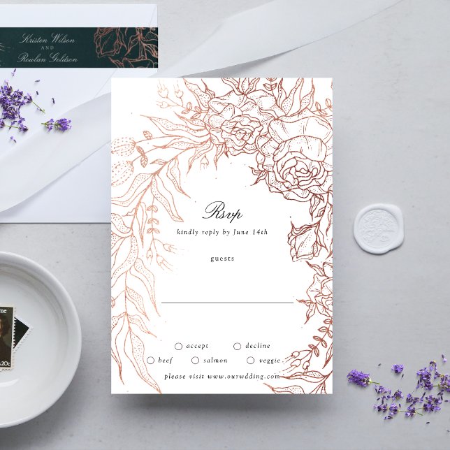 Blommigt Wandewhite Black Emerald Copper Bröllop OSA Kort (RSVP showcasing suite - additional items (bought separately))