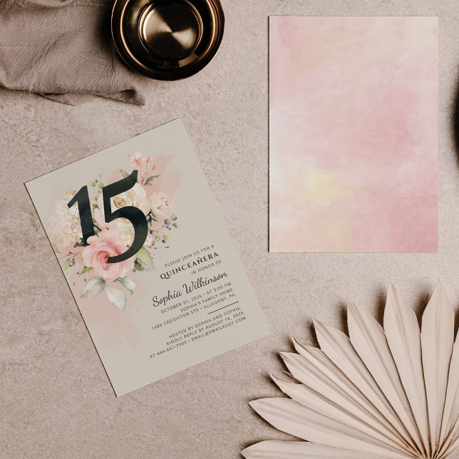 Blommigt Watercolor 15:e födelsedagsskript Inbjudningar (Skapare uppladdad)