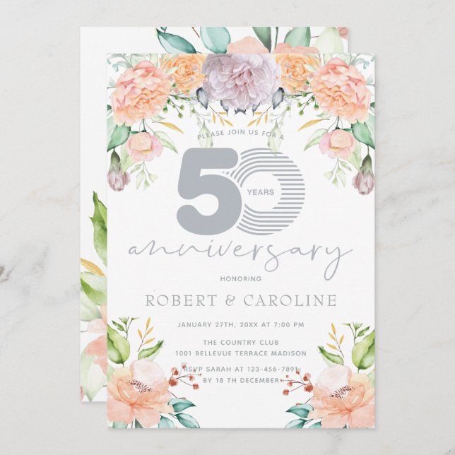 Blommigt Watercolor 50:e Bröllop-årsdagen Inbjudningar (Fram/baksida)