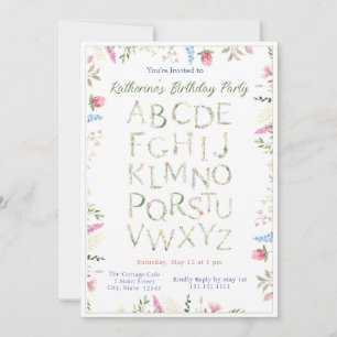 Blommigt Watercolor Alphabet ABC Birthday-inbjudan Inbjudningar