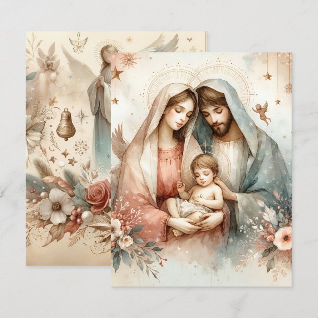 Blommigt Watercolor Baby Jesus Printable Cardstock Inbjudningar (Fram/baksida)