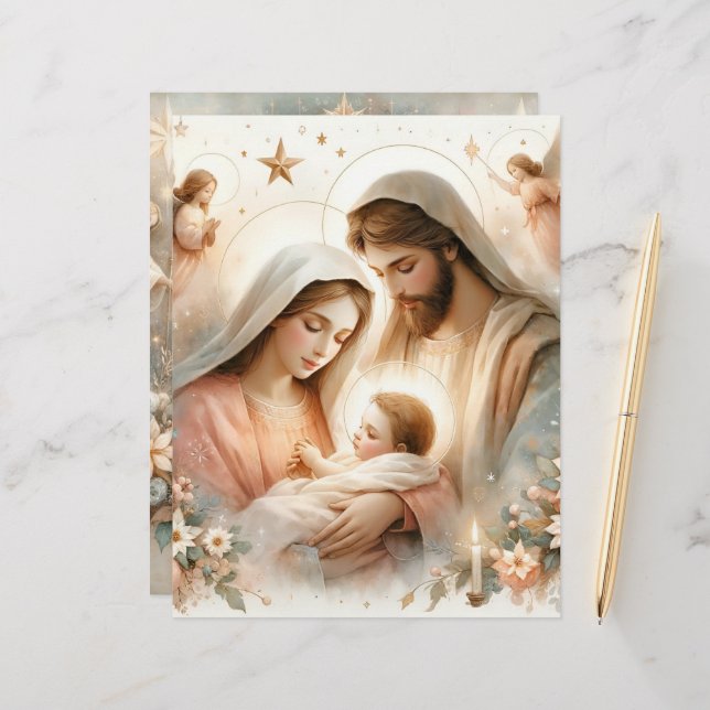 Blommigt Watercolor Baby Jesus Scrapbook Papper (Fram/Back In Situ)