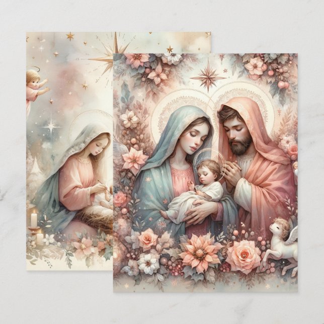 Blommigt Watercolor Baby Jesus utskrivbar Papper Inbjudningar (Fram/baksida)