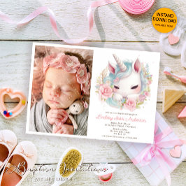 Blommigt Watercolor Baby Unicorn, Photo Girl Bapti Inbjudningar