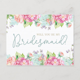Blommigt Watercolor, blir du min Bridesmaid? Inbjudan Vykort