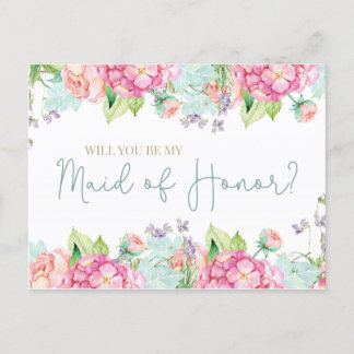 Blommigt Watercolor, blir du min Maid of honor? Inbjudan Vykort